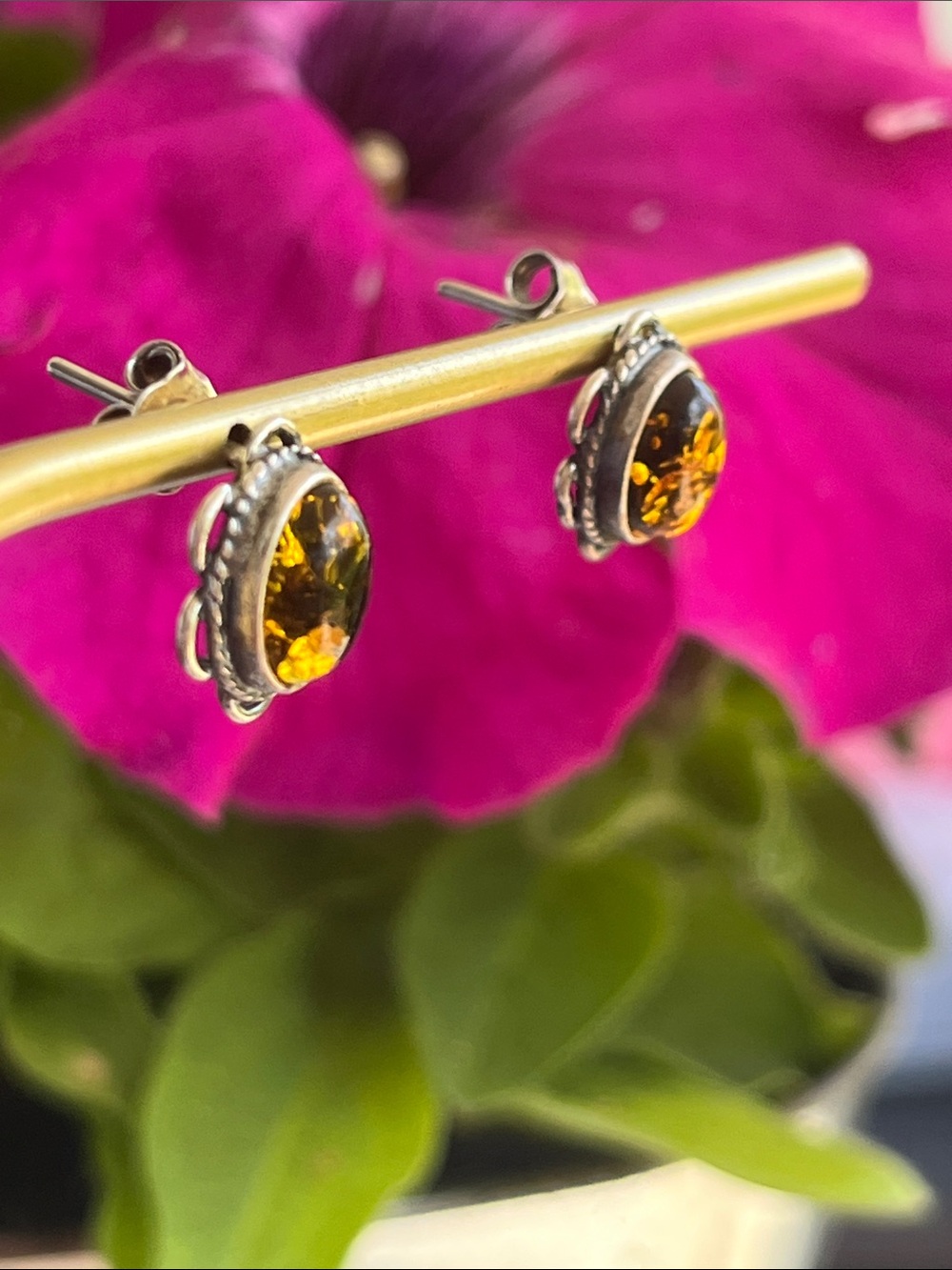 Sterling Silver & Baltic Amber Stud Earrings - Picture 4 of 9